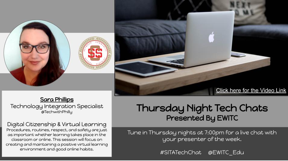 EWITC_edu's tweet photo. Tonight's the night for our very first Thursday Tech Chat at 7:00 pm! 
Watch this video (https://t.co/36mf37H0K4) before or after :) and join us at https://t.co/KYDBFJlnoJ for the Q&amp;A chat with our presenter Sara @TechwithPhilly #SITATechChat https://t.co/T5yCnWy66S