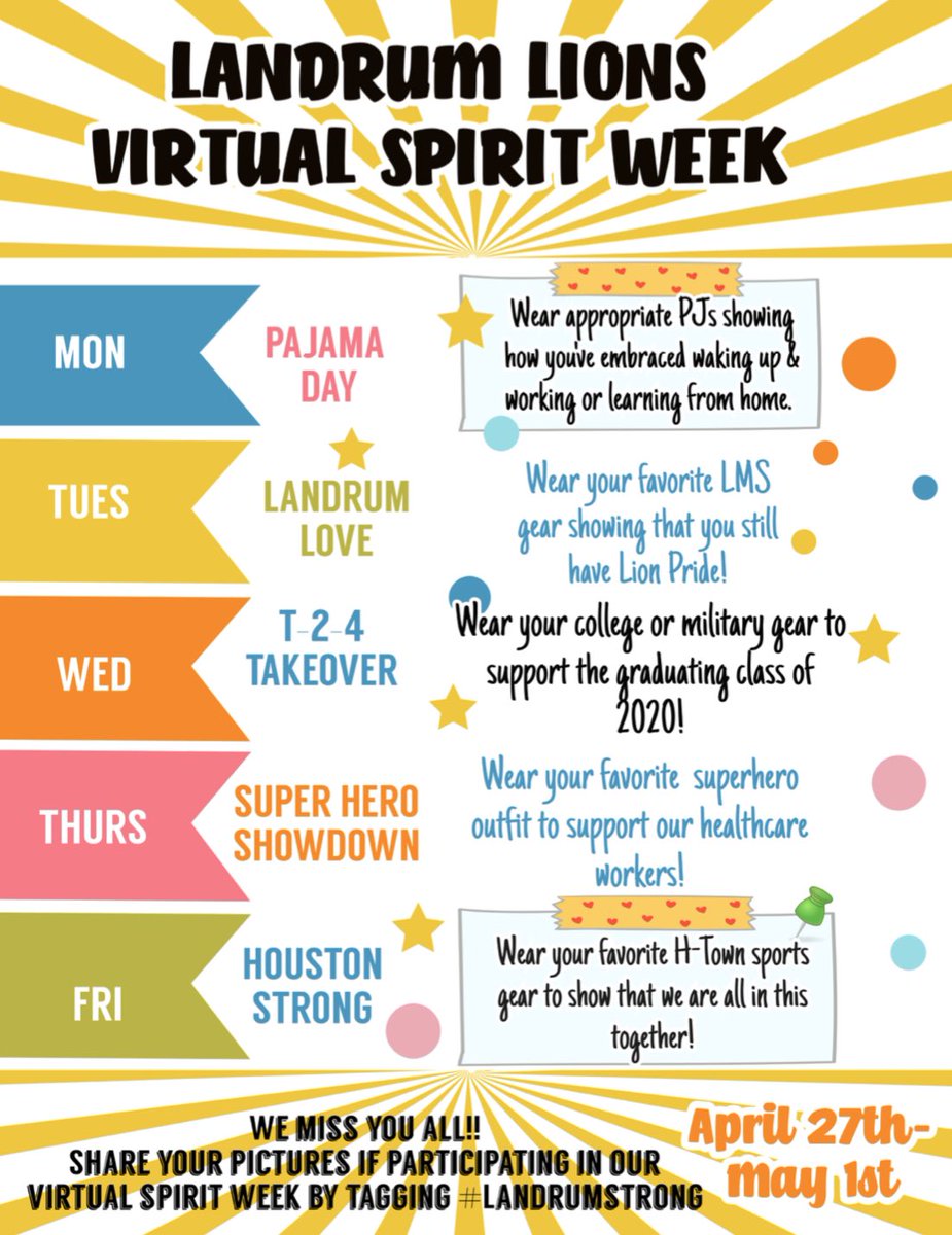 CoachHouston_WM's tweet photo. We’ve loved seeing all of your photos this week so let’s finish strong tomorrow for our @LandrumMS Virtual Spirit Week. It’s time to represent your favorite H-Town sports team to show that we are all in this together!!! #HoustonStrong #LandrumStrong ❤️🦁💪🏼 https://t.co/j2rCkCaiE8