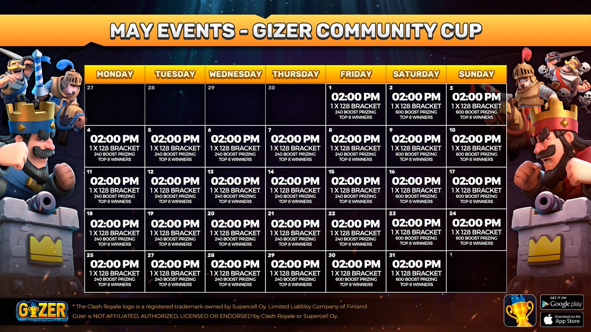 GIZER's tweet photo. When you ask, we listen. MORE EVENTS! Check out our new May #CommunityCup calendar and get accustomed to THREE community tournaments every day. Battles commence at 11AM, 2PM, and 5PM EST #GameOn #PlaySafe https://t.co/qdUz4K5CNY