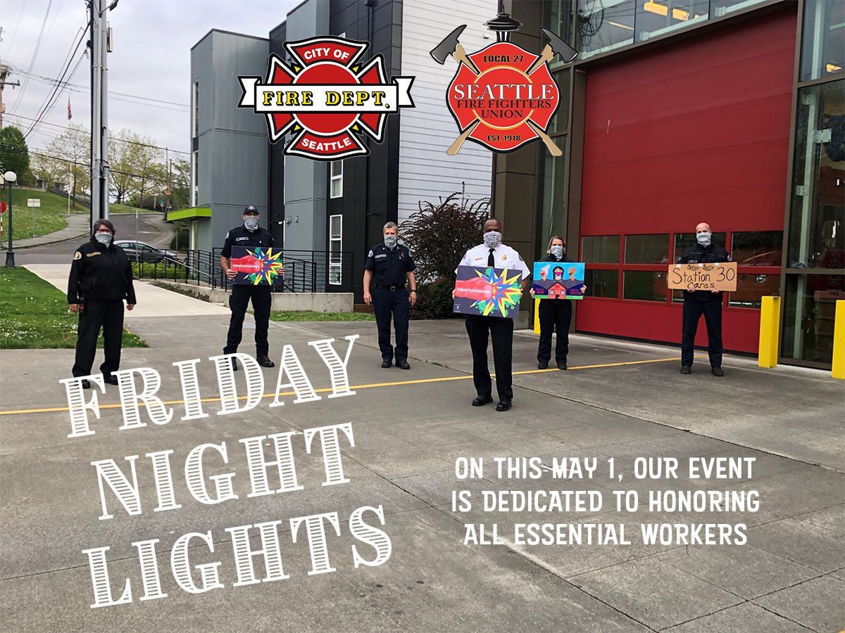 CMLGonzalez's tweet photo. .@SeattleFire will be out tmrw 6:30-7:30 p.m. for #FridayNightLights! This week is dedicated to honoring all essential workers. See where they'll be: https://t.co/xLUe86YpZD - you can practice making some noise tonight at 8p.m., #WSea is still going strong every night! https://t.co/BKCXW3nyPv