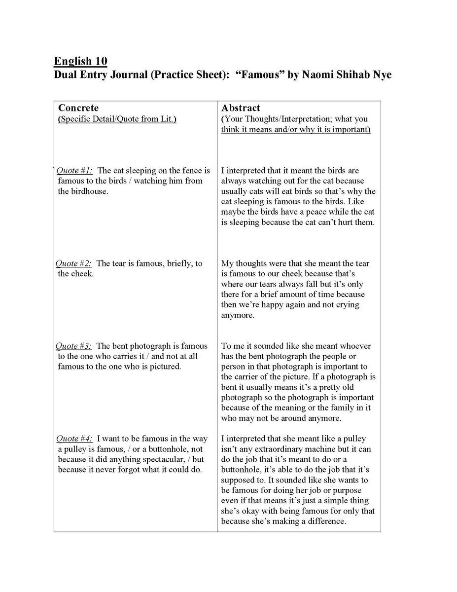 RCPS_MDC_VA's tweet photo. Included in this tweet are four examples of student work from Mr. Winfield's English 10 class at Rappahannock High School where his students explored Naomi Shihab Nye's poem by taking annotated notes and completing dual entry journals. #poetry #poetrylovers https://t.co/dWX8ZsVGln