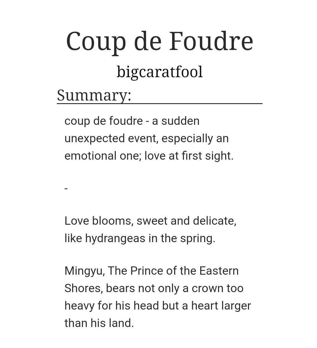 Coup de Foudreby  @bigcaratfool (ao3: bigcaratfool)-minwon-probably my favourite fic of all time i kid you not this is a masterpiece and it's not even finished yet i--just.... beautiful.... *sobs*-gerda what a queen https://archiveofourown.org/works/16102463 