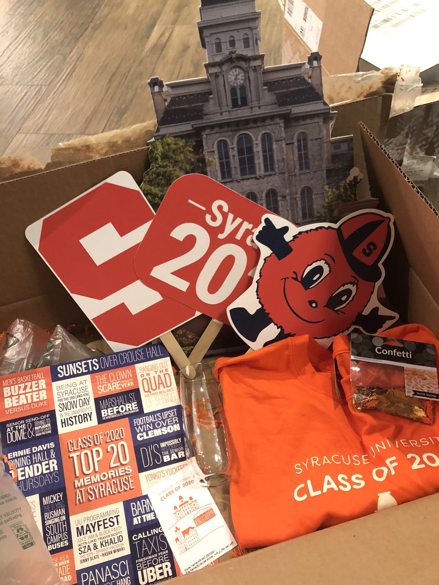 Just got this package in the mail from <a href="/CuseActivities/">SUStudentActivities</a> to celebrate my graduation at home. What an amazing surprise from <a href="/SyracuseU/">Syracuse University</a> 🍊 #2020Graduates