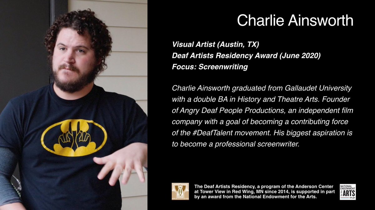 Charlie Ainsworth receives “Deaf Artists Residency Award.” 
A program of Anderson Center at Tower View, funded in part by @NEAarts and @GallaudetU   

#deafartists #artistresidency #aslarts #deaftalent #nea #gallaudetu #deafwriters #screenwriters #filmmaking