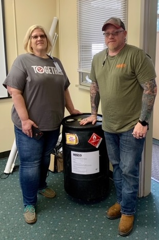 Centerstone's tweet photo. Mega thanks to Benco Sales for donating this 30-gallon drum of hand sanitizer to Centerstone! Office leaders Lynn and Jenn never imagined being so glad to take a picture with such a thing! 

https://t.co/YQIt4VXJOn / 1-877-HOPE123 https://t.co/toEEHVnwHe