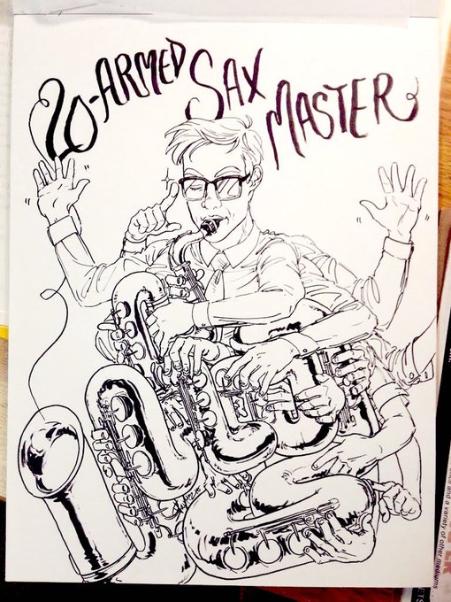 a while ago i drew one of my friends, an alto sax player, as a 20-armed sax player for his 20th birthday :) 