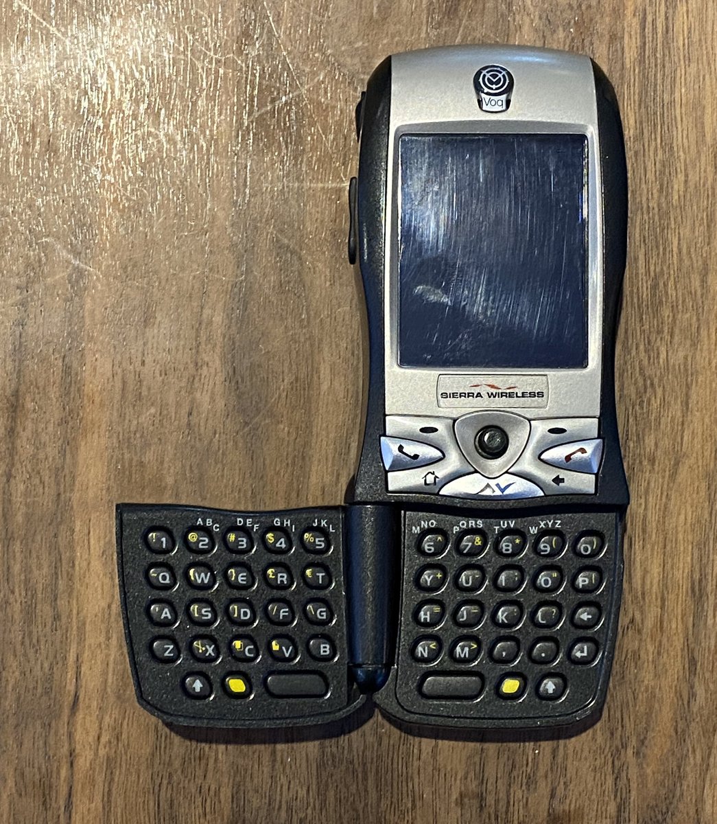 phone_museum's tweet image. The @SierraWireless Voq Professional Phone which ran on the @Microsoft #WindowsMobile 2003 edition. Astonishingly it won the “British Columbia Technology Industries Association (BC TIA) &quot;Excellence in Product Innovation Award&quot;. A unique, but misguided design. #MobilePhoneMuseum