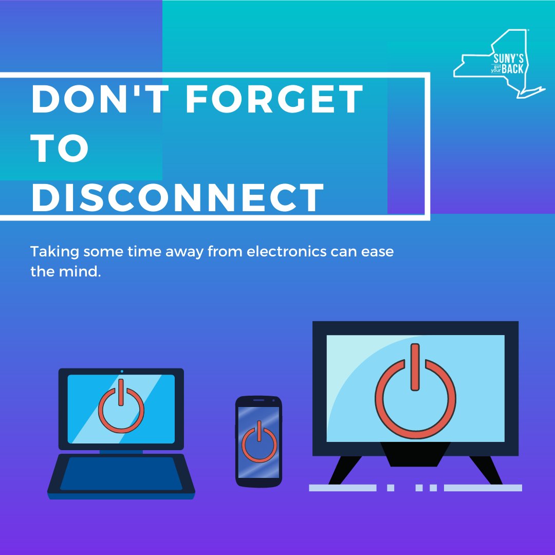 SUNYsGotYourBck's tweet photo. During times of social distancing &amp; working from home, we’re lucky to have our phones &amp; other devices to keep us connected. While so useful &amp; helpful, it’s important to disconnect. The world is at our fingertips &amp; that can get exhausting, so don’t forget to disconnect! 📱🚫 https://t.co/8L1BQn1kGi