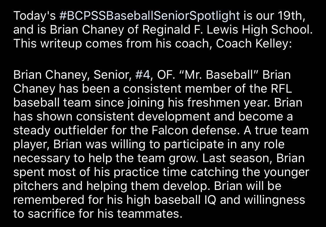 BCPSSBaseball's tweet photo. Today's #BCPSSBaseballSeniorSpotlight is our 19th, and is Brian Chaney of Reginald F. Lewis High School. Please like and retweet to give these great kids missing out on their senior year of @BcpssAthletics some recognition. This writeup comes from his coach, Coach Kelley: https://t.co/dIn7II36hn