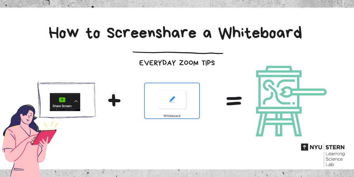 How to Screenshare a Whiteboard in Zoom

1. Click "Share Screen"
2. Choose "Whiteboard"
3. You can draw on the screen as a whiteboard. Add lines, highlights, text and more!

#nyustern #zoomtips