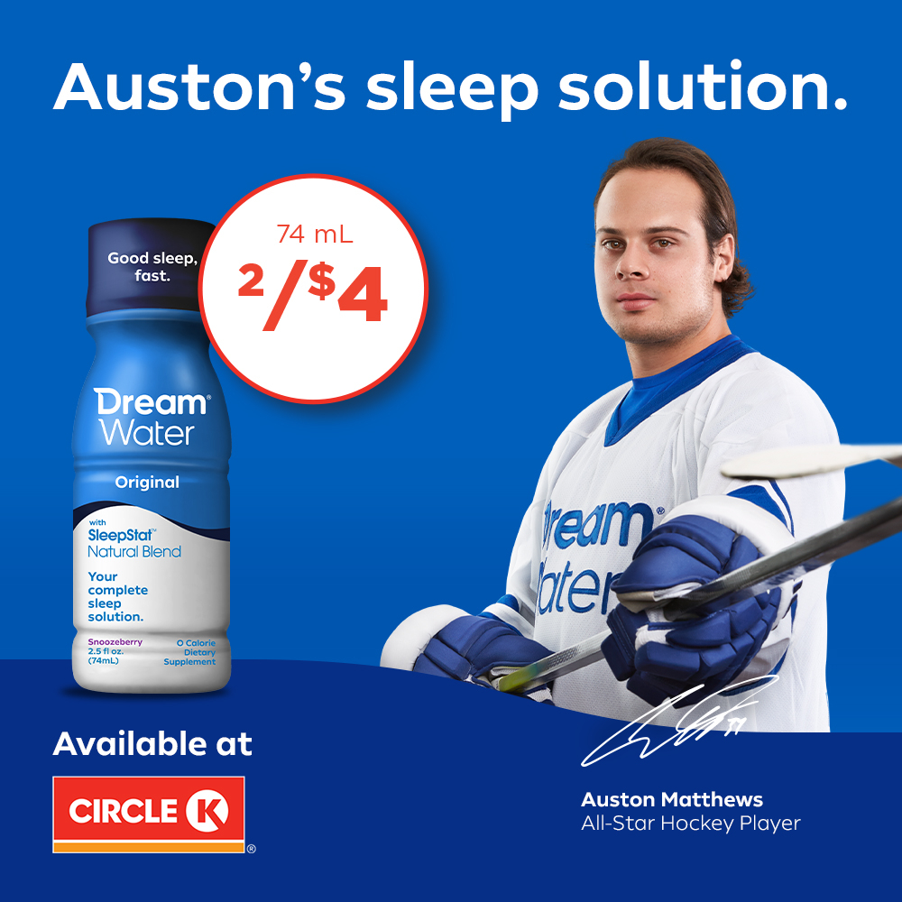 dreamwater's tweet image. A key component of our mental and physical health, a good night’s sleep has never been more important. Until June, 
@AM34’s go-to sleep solution #DreamWater will be featured in 700+ @CircleKStores in Ontario (2 bottles for $4!). 

Stay healthy, and get that #GoodSleepFast. 😴
