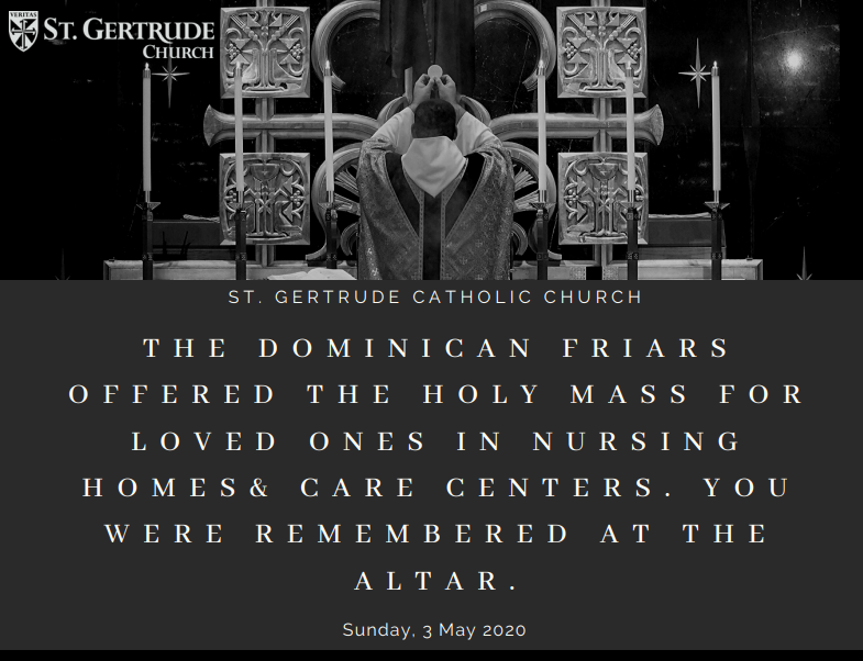 StGertrudeOP's tweet photo. A special message from Fr. Henry Stephan OP @OPEast regarding the Dominican Rite Mass - NEXT MASS INTENTION is for those in Nursing Homes - submit your intentions via the link: https://t.co/yYT2a5yS1L #COVID19 #OPMass #praying https://t.co/iFMJ0QesP6