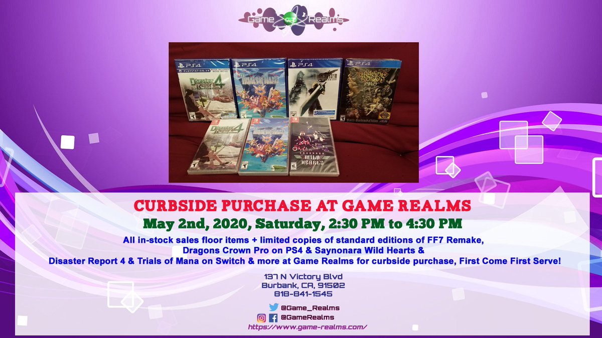 Game_Realms's tweet image. #Curbside Purchase day at @Game_Realms! 
May 2nd, Saturday, 2:30 PM to 4:30 PM

All in-stock salesfloor items +  Standard Ed. of #FF7R &amp;amp; #DragonsCrown Pro on #PS4  

#SaynonaraWildHearts &amp;amp; #DisasterReport 4 &amp;amp; #TrialsofMana on #NintendoSwitch &amp;amp; more!

First Come First Serve!