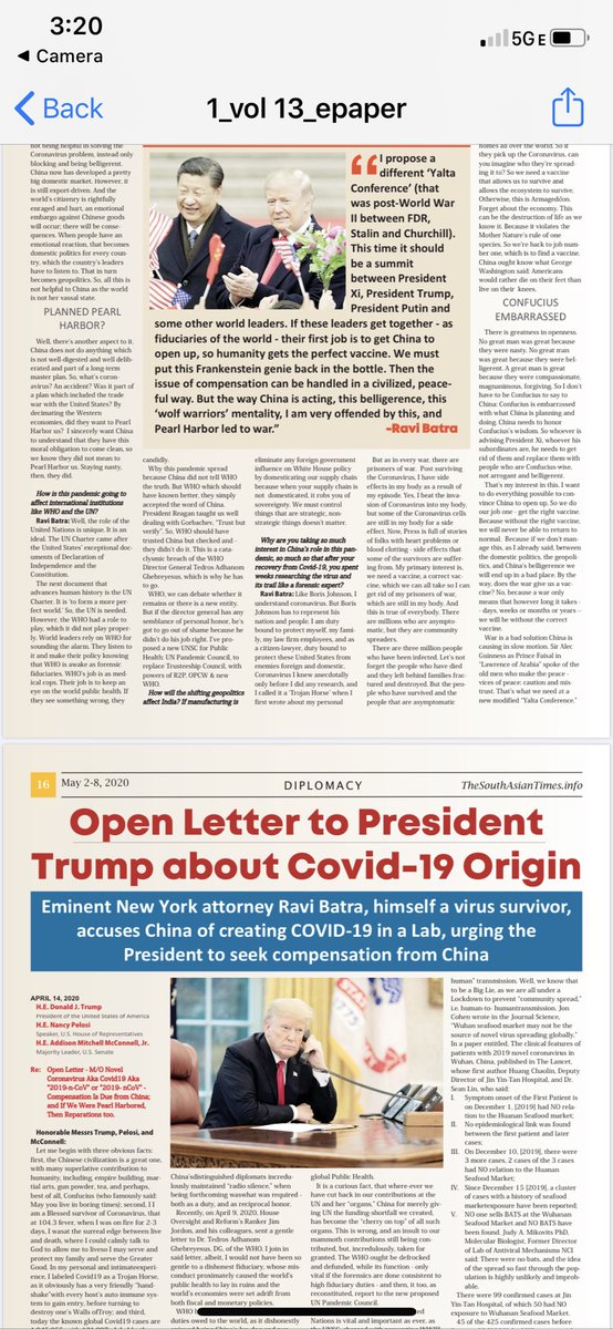 RaviBatra's tweet photo. In an exclusive interview to @TheSATimes, instead of #war, #RaviBatra🇺🇸wants #China to open up to find #correct_vaccine for #2019_nCoV, hold a new #Yalta_Conference to avoid a #Perfect_Storm, & add a new #UNSC - #UN_Pandemic_Council. Otherwise, our #ecosystem 🌎🌍🌏will be hurt. https://t.co/CXYYW83D1P