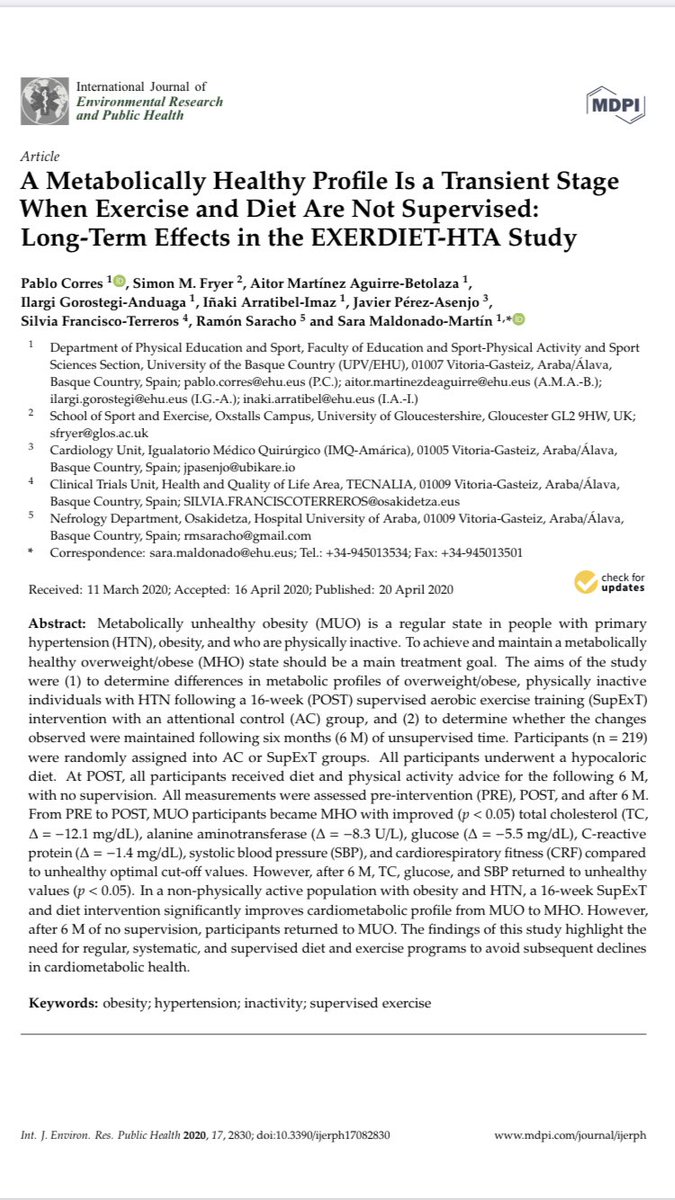 DrSiFryer's tweet image. We just published this and its such an important message. When you improve the metabolic profile of obese hypertensive patients with #PhysicalActivity and #Diet, then remove supervision, their metabolic profile returns to pre intervention levels @UoGCASES pubmed.ncbi.nlm.nih.gov/32326133/