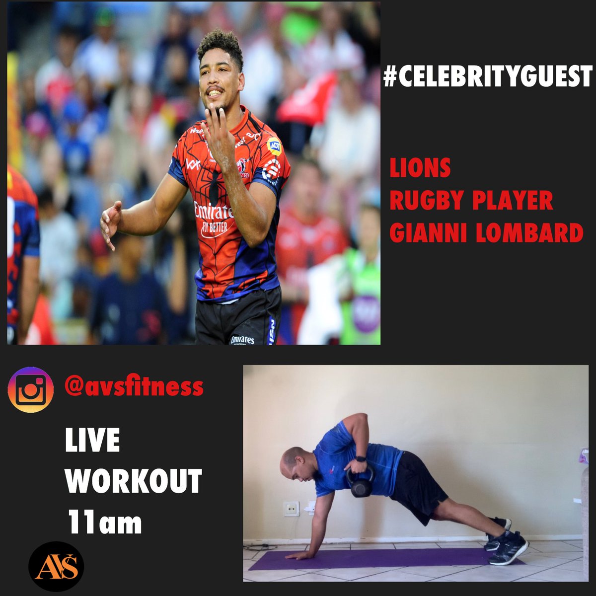 audas_vanschoor's tweet photo. Just in π¨
.
.
My #CelebrityGuest on #AvsliveWorkouts tomorrow will be the exiting @lionsrugbyunion Utility Back @giannilombard10 .
.
Join us tomorrow 11am for your #FitnessFriday on IG Live. @avsfitness ππΎββοΈ
.
.
#Lockdown #Celebrity #FitnessatHome #FitnessFriday #StayAtHome https://t.co/vhCNZLjTBX