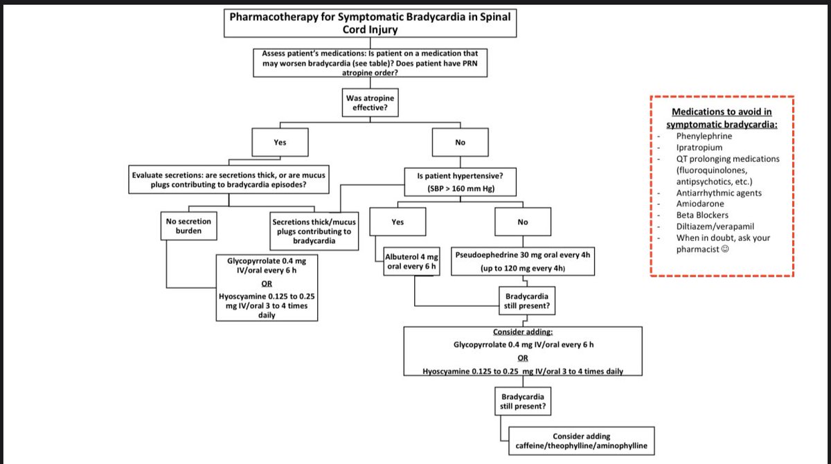 Working on a flow chart on my #traumaicu rotation for management of symptomatic bradycardia in spinal cord injuries. #pharmICU #trauma would love to get feedback! #pharmacyresident