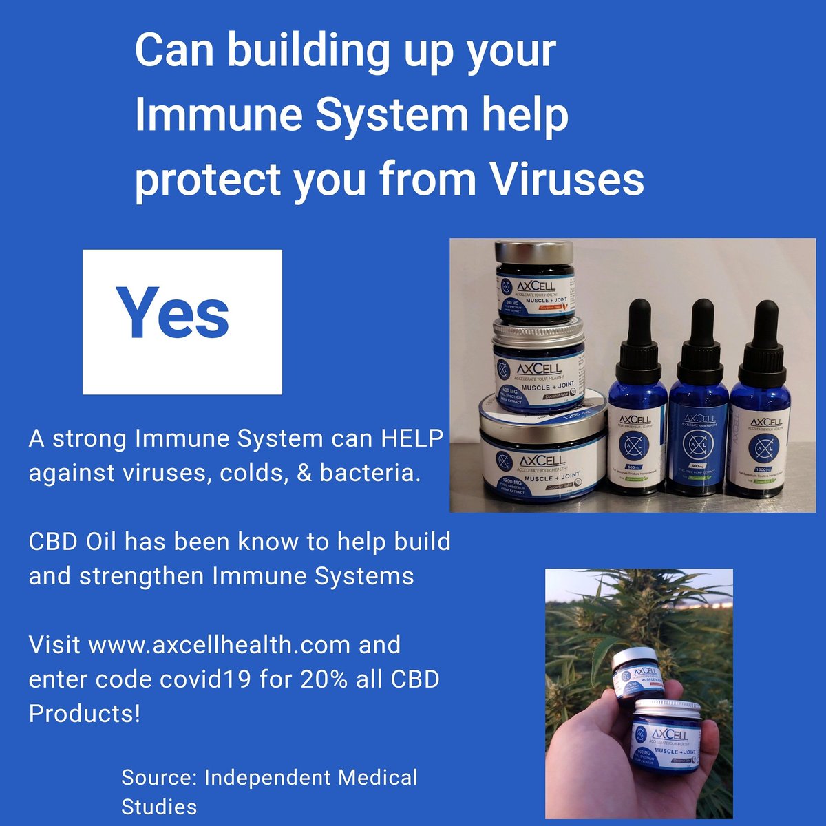 Visit axcellhealth.com for more information.  Enter code covid19 at checkout and receive 20% on all CBD orders.

#CBD #coronavirus #COVID__19 #ImmuneBoosters