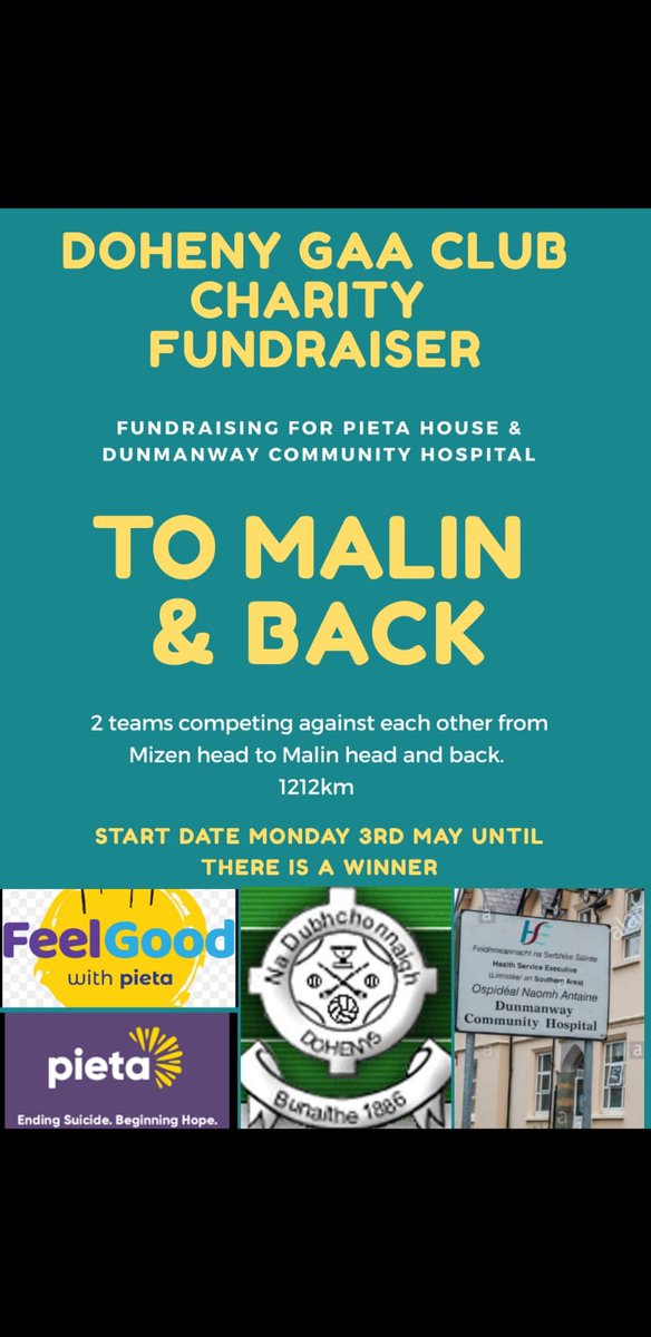 Doheny GAA Club Charity Fundraiser "To Malin &amp; Back". A virtual run from Malin to Mizen &amp; back, a round trip of 1212km. Please support. #Malinandback <a href="/PietaHouse/">Pieta</a> <a href="/OfficialCorkGAA/">Cork GAA</a> <a href="/sammaguiresGAA/">Sam Maguire GAA Club</a> <a href="/DohenyLadiesGFC/">Doheny Ladies GFC</a> <a href="/PaudieP/">Paudie Palmer</a> <a href="/KieranMcC_SS/">Kieran McCarthy</a> <a href="/carberygaa/">Carbery GAA</a>

gofundme.com/malinampback-f…