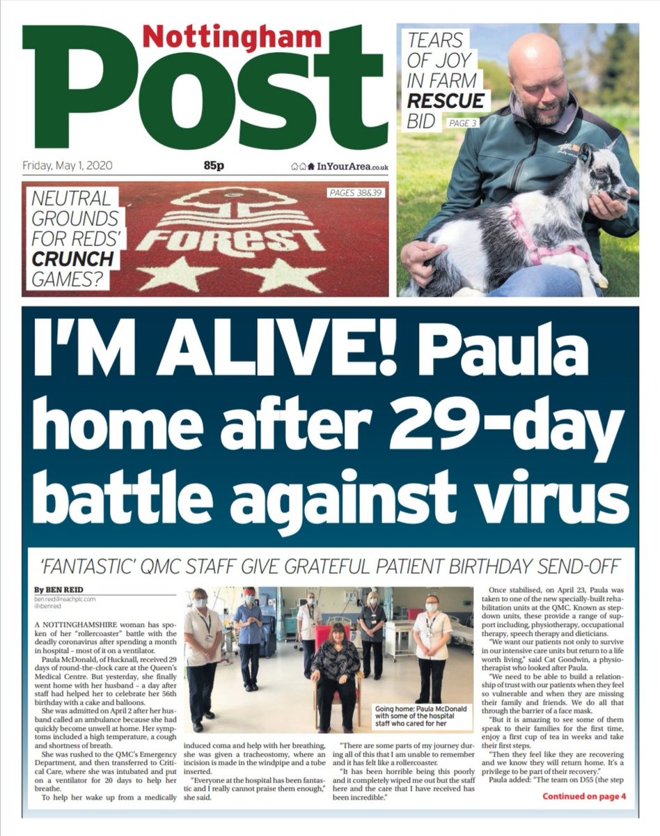 #TomorrowsPapersToday An amazing story. Paula spent 20 days on a ventilator in the QMC but she's now back home with her husband the day after her birthday. Great work <a href="/nottmhospitals/">Nottingham University Hospitals</a>