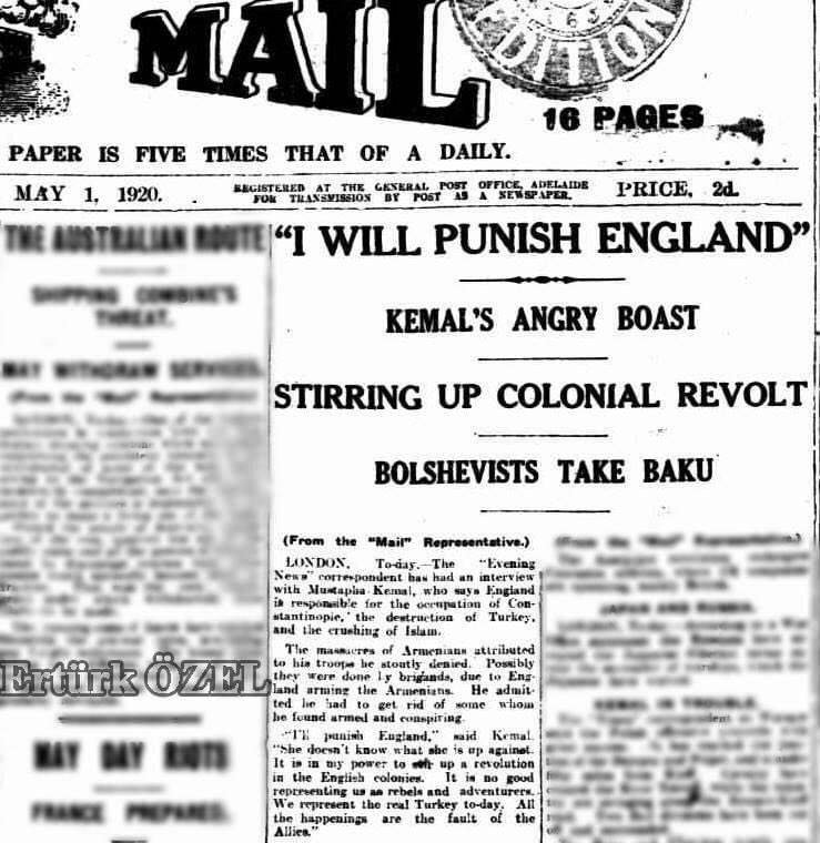 Tam yüz yıl önce bugün. 

Atatürk’ün tarihi sözleri The Mail’de yayınlanıyor:

I WILL PUNISH ENGLAND!

“İNGİLTERE’Yİ CEZALANDIRACAĞIM!”

Atatürk’e İngiliz ajanı diyen yerli işbirlikçilere karşı tüm dostları 
#İngiltereyiCezalandıracağım etiketine desteğe davet ediyorum.