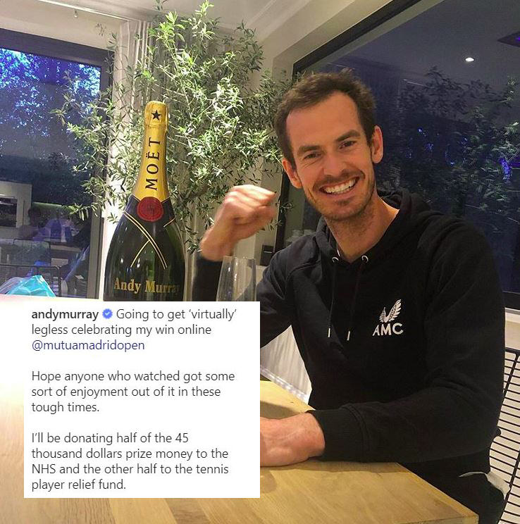👏👏 <a href="/andy_murray/">Andy Murray</a> 👏👏

Andy is donating half of the $45,000 <a href="/MutuaMadridOpen/">#MMOPEN</a> prize money to the <a href="/NHSuk/">NHS</a> and the other half to the tennis player relief fund 👍