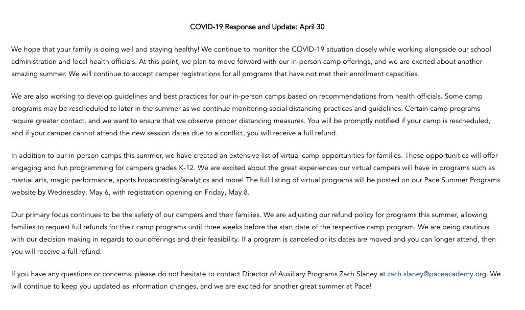 Here is our most recent update regarding our plans for summer programs this year. 

More information and camper registration is available at paceacademy.org/programs/summe…