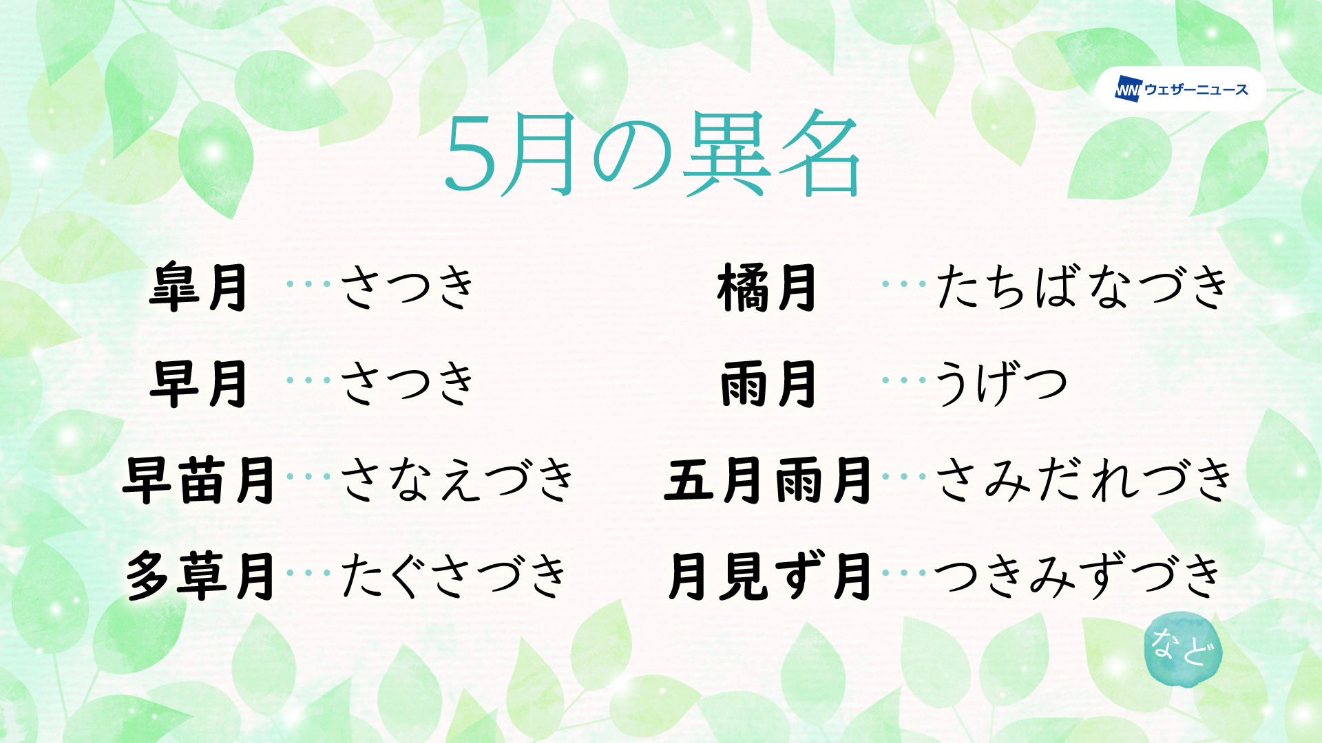Twitter 上的 ウェザーニュース 今日から5月スタート 5月の異名で最も代表的なのが 皐月 さつき 早苗を植える頃の月という意味で 早月 さつき とも言われます ただ 旧暦の5月は現在の6月にあたるため 今の5月の異名には明るい初夏と暗い梅雨シーズンを