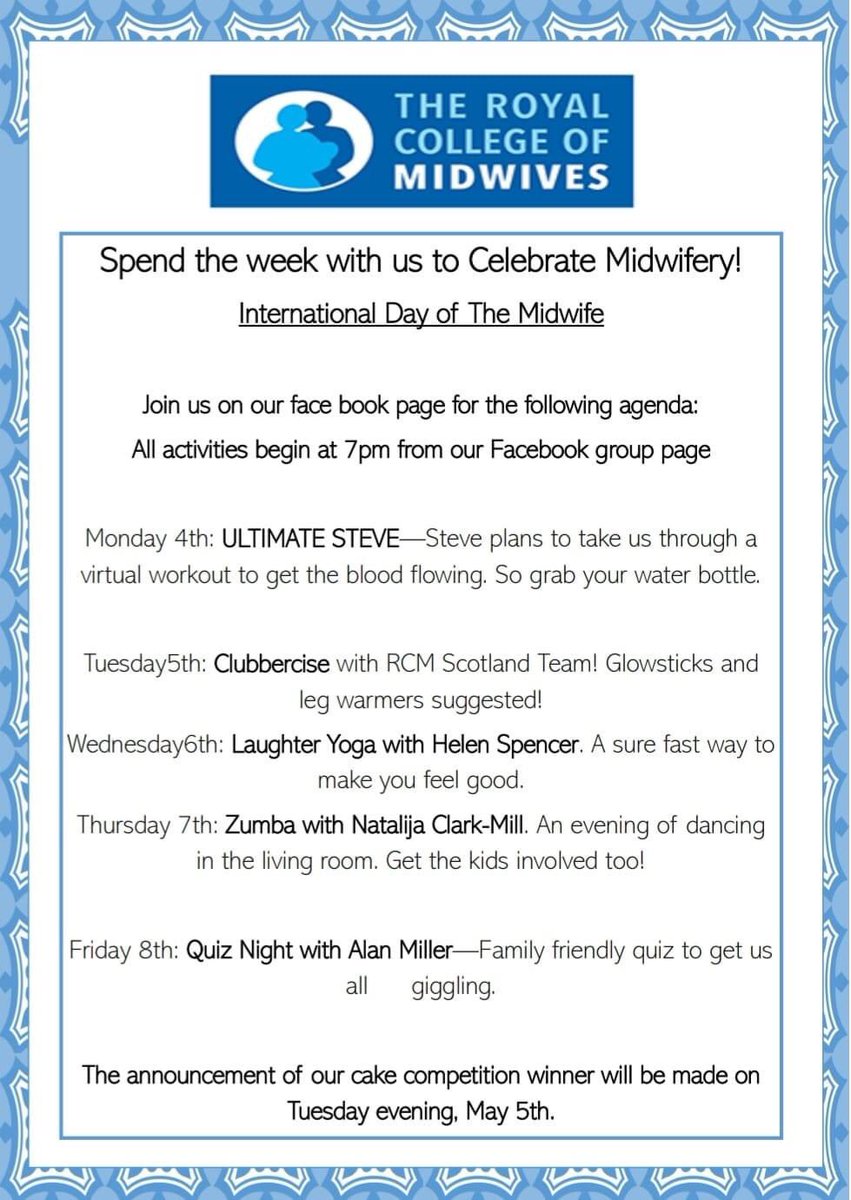 RCMGrampian's tweet photo. The Grampian RCM branch have organised a week of free fun activities for all midwives, HCSW and anyone working in maternity services. This will help us celebrate International Day of the Midiwfe virtually. Share and join out Facebook group to join. https://t.co/jQoJWwA1M6 https://t.co/yLC1wcYljz