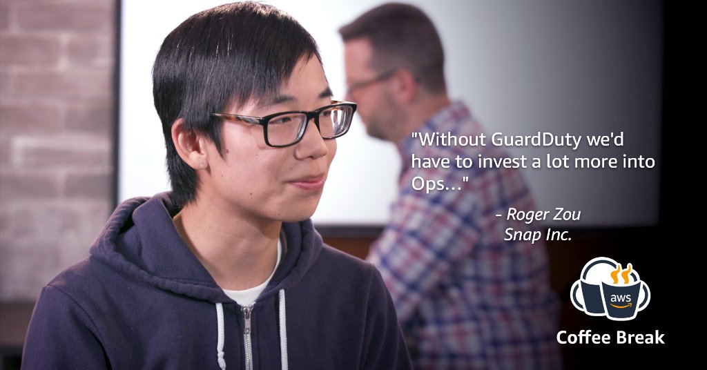awscloud's tweet photo. #AmazonGuardDuty can do a lot for you. Take it from Snap software engineer Roger Zou, who takes an #AWSCoffeeBreak to talk about the benefits of protecting workloads in the cloud: https://t.co/P3dwEmLowf https://t.co/IQt4PUnfEc