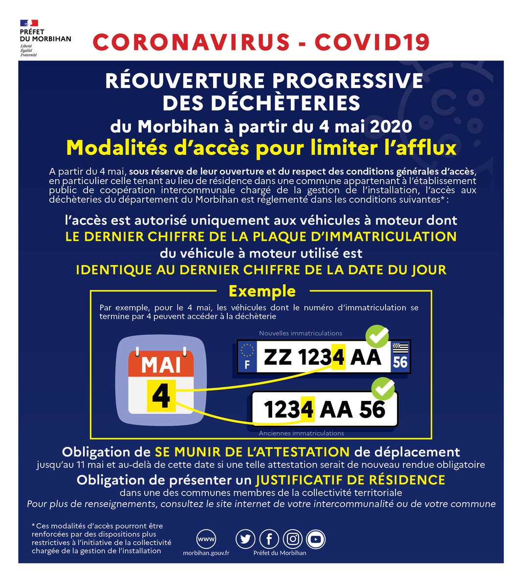 ⚠️ Quel accès aux 5 déchèteries ouvertes à partir du 4 mai pour les déchets végétaux ? 🌿
🚘 Le dernier chiffre de la plaque d'immatriculation doit être identique au dernier chiffre de la date du jour 🗓️
📍 A Caudan, Groix, Hennebont, Ploemeur et Plouay
➡️ bit.ly/2So7D5i