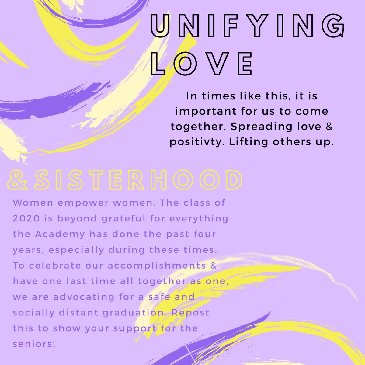 sjaclassof2020's tweet photo. Share your love for your SJA senior sisters!! 💜💛 https://t.co/djQNJtWwuA