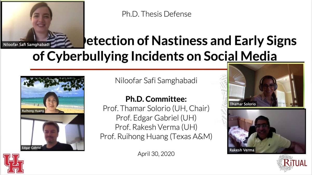 thamar_solorio's tweet photo. Proud advisor moment: Niloofar Safi Samghabadi successfully defended her PhD dissertation on the very relevant topic of detecting cyberbullying episodes. Many congratulations Niloofar! @RiTUAL_Lab https://t.co/7jsi9Dx4UW