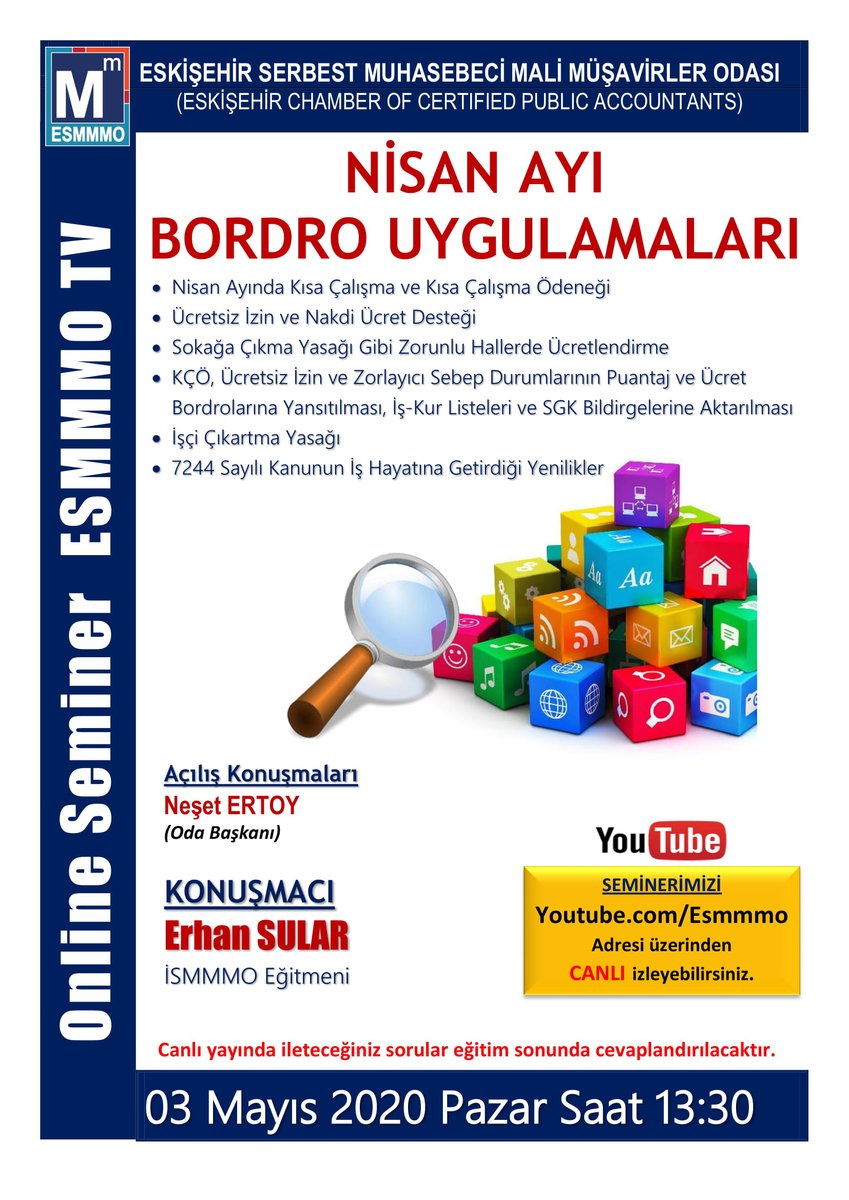 Tüm detayları ile NİSAN AYI BORDRO UYGULAMALARI konulu Seminerimiz İSMMMO Eğitmeni Erhan SULAR’ın sunumuyla Youtube.com/Esmmmo üzerinden CANLI olarak 3 Mayıs Pazar günü Saat:13.30’da yapılacaktır.