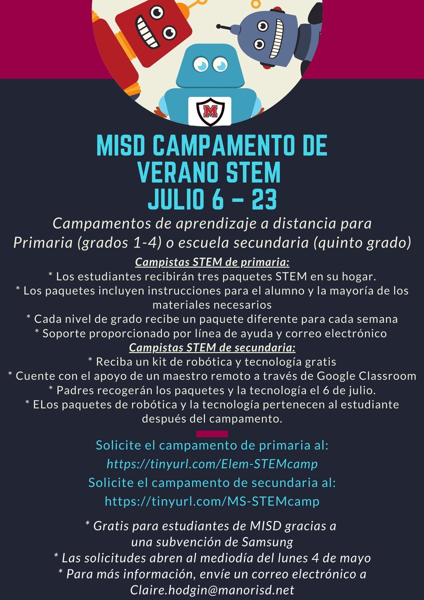 ManorISD's tweet photo. ¿Sabía que Manor ISD está organizando un campamento de verano STEM gratuito? Las solicitudes para el campamento abren el lunes 4 de mayo y están abiertas a estudiantes de primaria (grados 1-4) o estudiantes de secundaria (quinto grado). https://t.co/5ZhXlIdvxH https://t.co/BR3IUFoYC0
