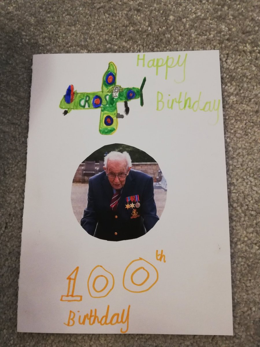 KayChic86's tweet photo. Happy 100th birthday Captain Tom from some of the children of key workers at High Oakham Primary School. Sending all our love and best wishes for a wonderful day xxx https://t.co/XcAxtAVu6s