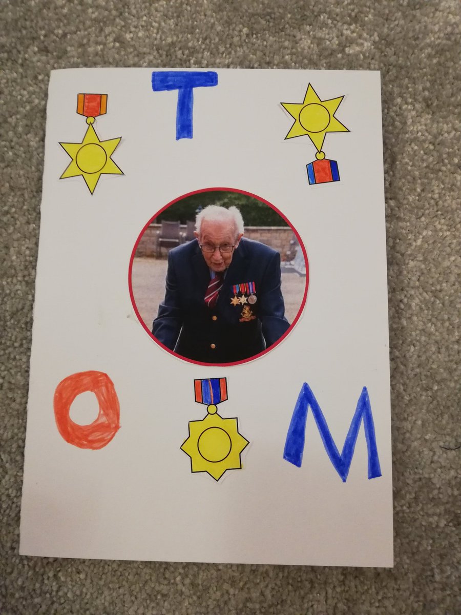 KayChic86's tweet photo. Happy 100th birthday Captain Tom from some of the children of key workers at High Oakham Primary School. Sending all our love and best wishes for a wonderful day xxx https://t.co/XcAxtAVu6s