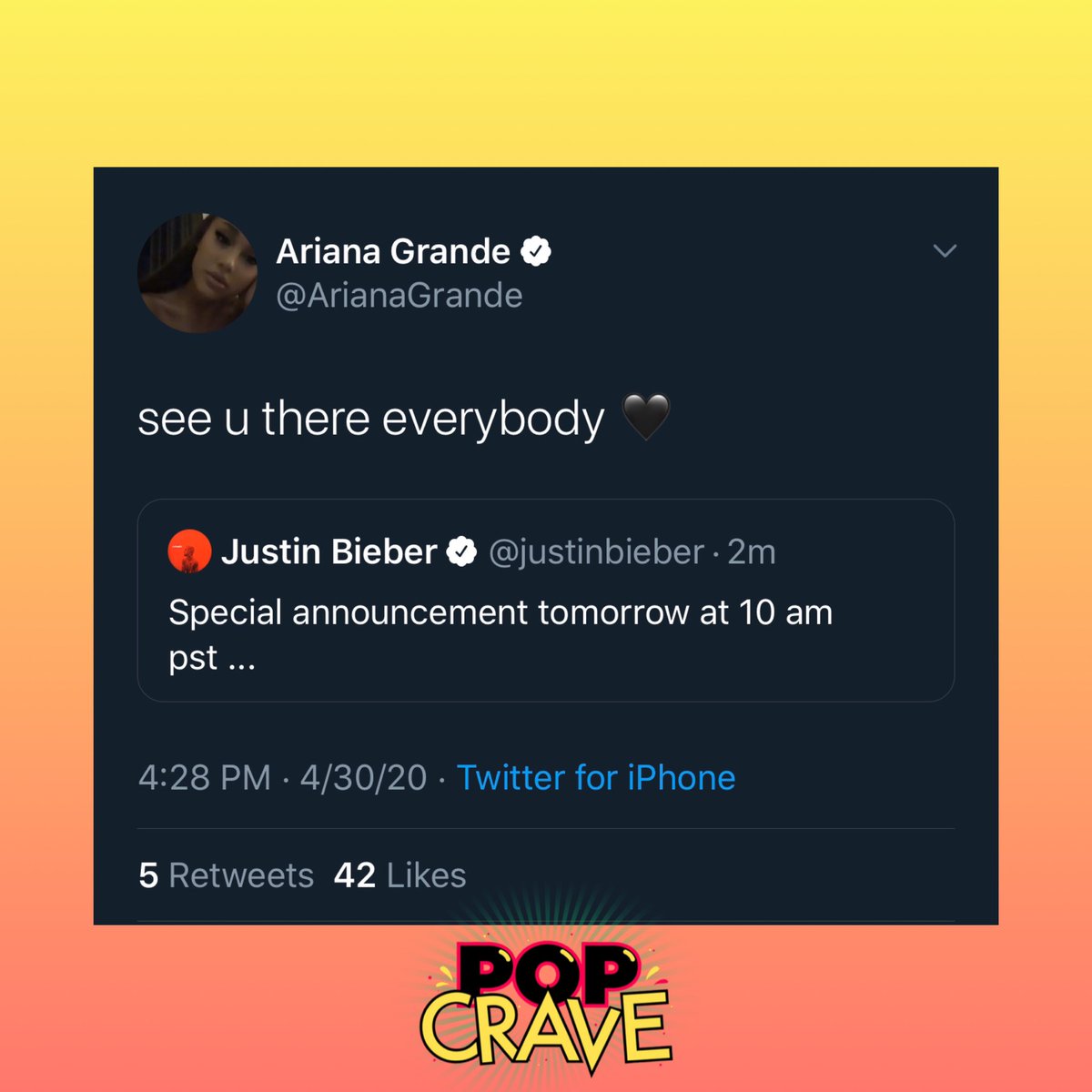 .@JustinBieber has a special announcement tomorrow at 10AM PST, joined by @ArianaGrande.