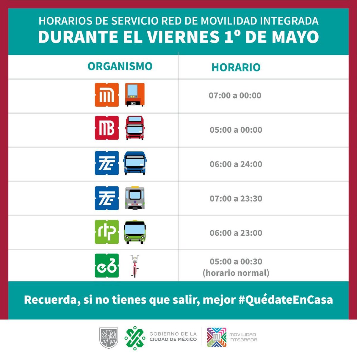 LaSEMOVI's tweet image. #Aviso ⚠️

Conoce los horarios con los que operará la Red #MICDMX este viernes 1 de mayo 🚲🚇🚌🚎🚃

Recuerda: si no tienes que salir, #QuédateEnCasa para disminuir los contagios de #COVID19.

👉 cutt.ly/Cyg9SeK