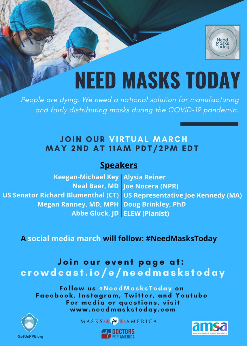 tracyspicer3's tweet image. Join us &amp;amp; @NeedMasksToday for
a virtual march for PPE this Sat
May 2nd from 2-4P EDT! #needmaskstoday 
#GetUsPPE 

crowdcast.io/e/needmaskstod…