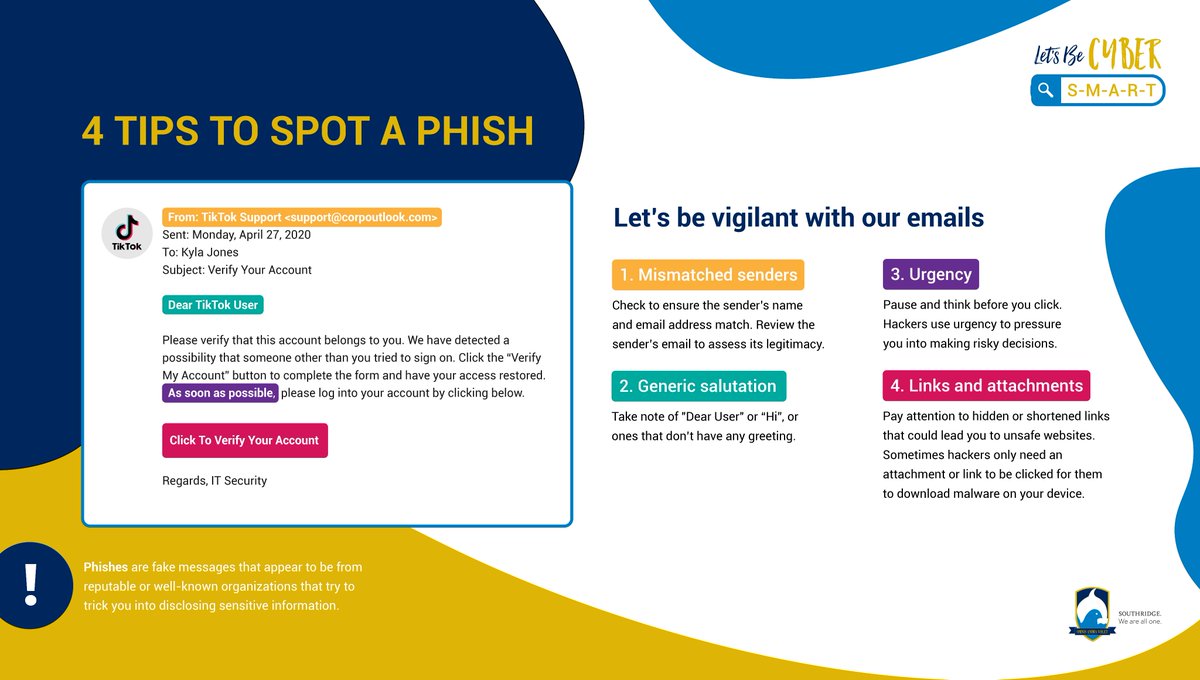 At Southridge we are committed to keeping our students, faculty, staff and community safe while on-line. Our Let's be Cyber S-M-A-R-T awareness campaign couldn't be more relevant at this time. Let's all do our part to stay cyber safe! <a href="/SouthridgeNews/">Southridge School</a> #sridge #cybersmart #Teched