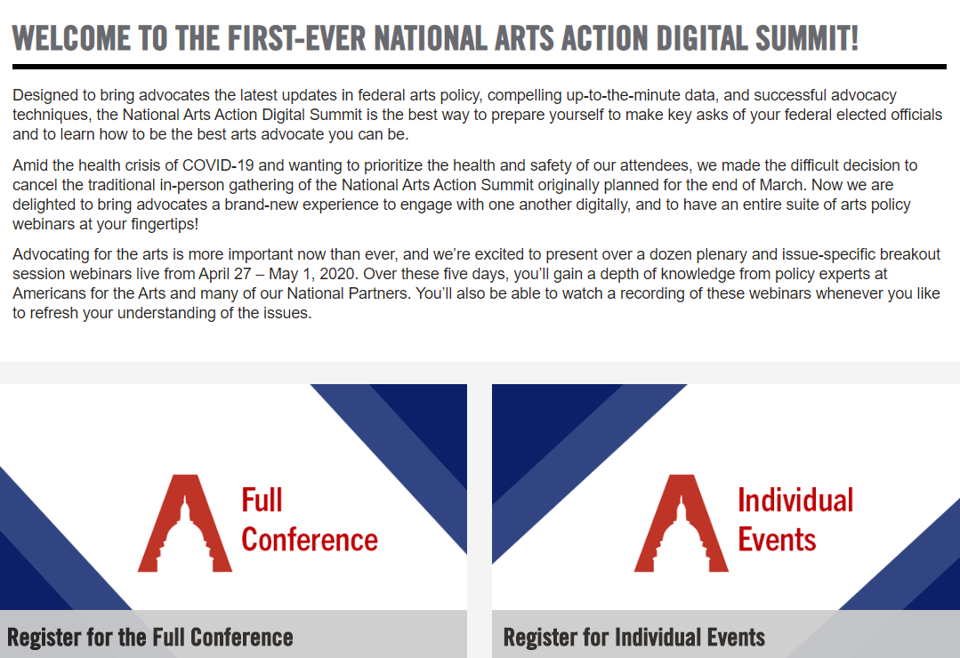 Americans4Arts's tweet photo. Tomorrow's the final day of the National Arts Action Digital Summit! It's not too late to be part of this virtual #artsadvocacy conference—register for individual sessions (even if they're over!) or the full Summit &amp; get access to recorded sessions. https://t.co/FvZ7rnkyCW https://t.co/oxEBWnqMCK