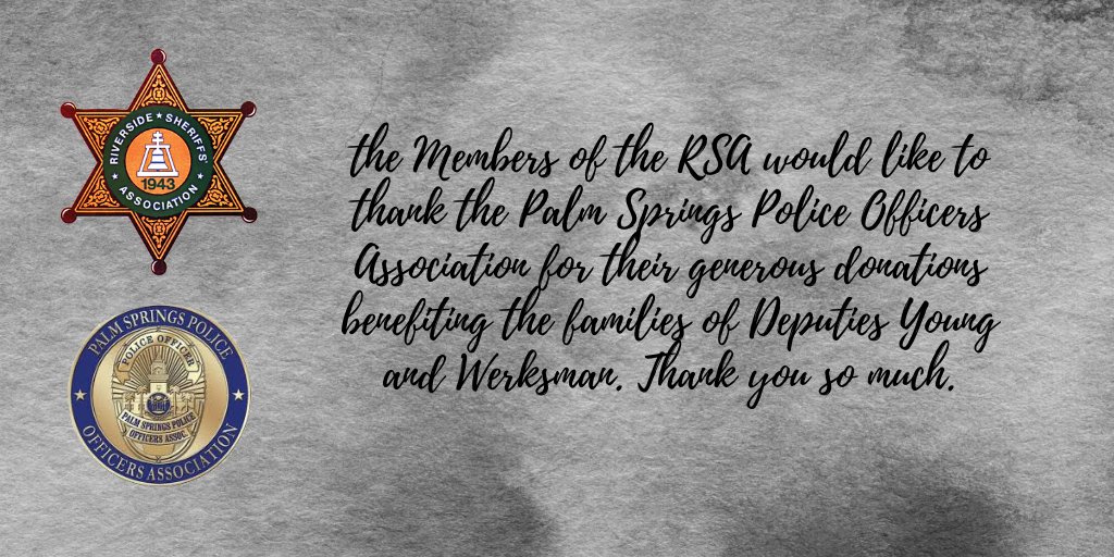 Today, the Palm Springs Police Officers Association presented the RSA with two generous donations benefiting the families of our recently fallen Deputies who succumbed to COVID-19. This kind act exemplifies the unity of coming together in times of need. Thank you! @PalmSpringsPOA