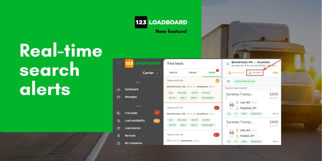 123loadboard's tweet photo. REAL-TIME SEARCH ALERTS 🆕🔔
Have a favorite lane? Setting a search alert allows you to get notified in real-time when new loads are posted. https://t.co/qeoBcMUMl2 #findloads #loads #freight #alerts #loadboard #trucking #truckloads #truckload #truckinglife #carriers https://t.co/dwjYY16a6Z