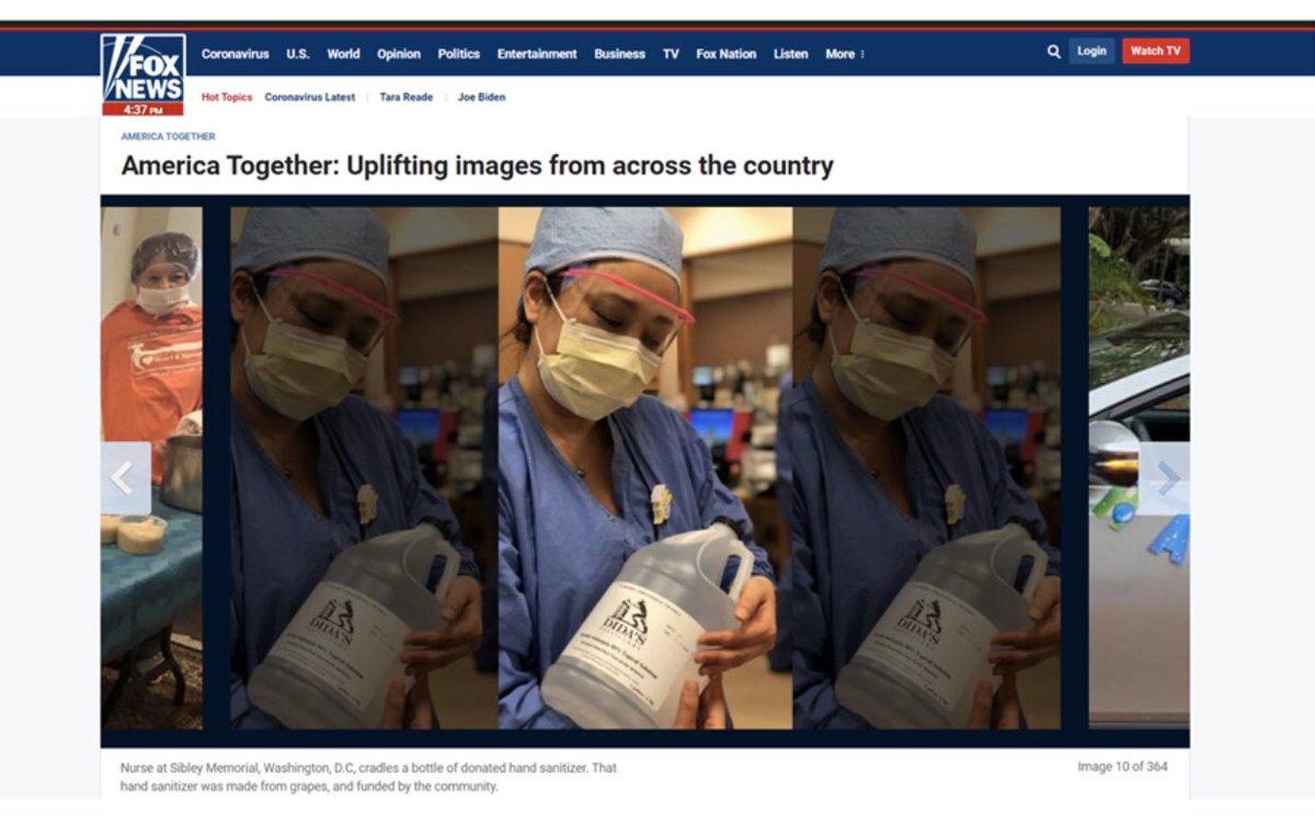 GOOD DEEDS: <a href="/FoxNewsPhotos/">FoxNewsPhotos</a> included an image of a nurse at Sibley Memorial, D.C. cradling a bottle of hand sanitizer made &amp; donated by <a href="/didasdistillery/">Dida's Distillery</a> among other uplifting images from across the country. Click on the below link to see more! #VaSpirits 
 
foxnews.com/us/america-tog…