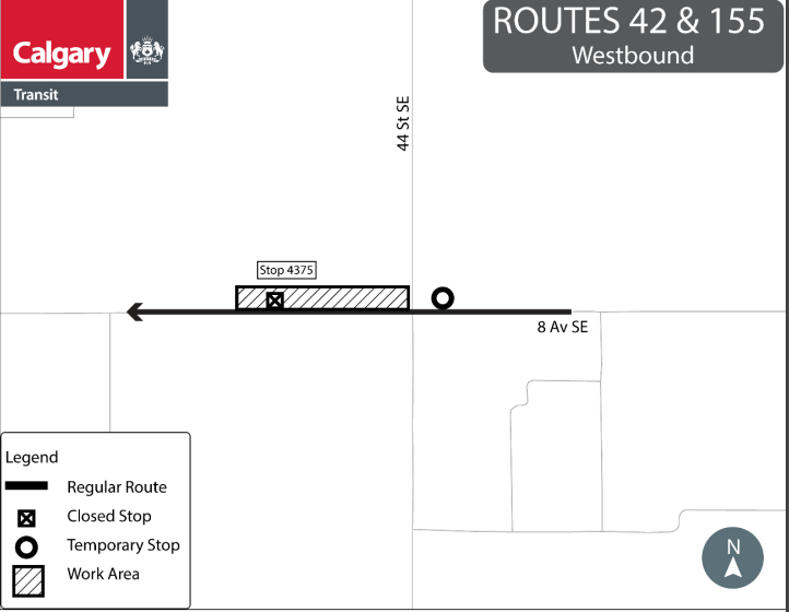 calgarytransit's tweet photo. #CTRiders STOP CLOSURE #Route155 #Route42 On Sat, May 2 between 7 AM &amp; 5 PM, stop #4375 located on westbound 8 Ave SE at 44 St SE will be closed due to utility work. A temporary stop will be provided on westbound 8 Ave SE nearside of 44 St SE. https://t.co/G5bwBXxwnE https://t.co/s3SaRHTFEL
