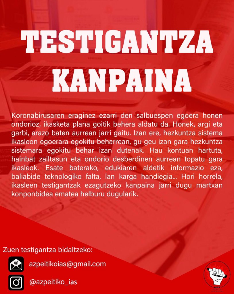 Momentu hauetan topatzen ari garen egoera lazgarri honen aurrean nola ari zarete eskolako sistema berri hau eramaten?
Testigantza kanpaina martxan da! Bidali mezua azpeitikoias@gmail.com emailera edo bestela idatz ezazu gure instagrameko kontura: azpeitiko_ias