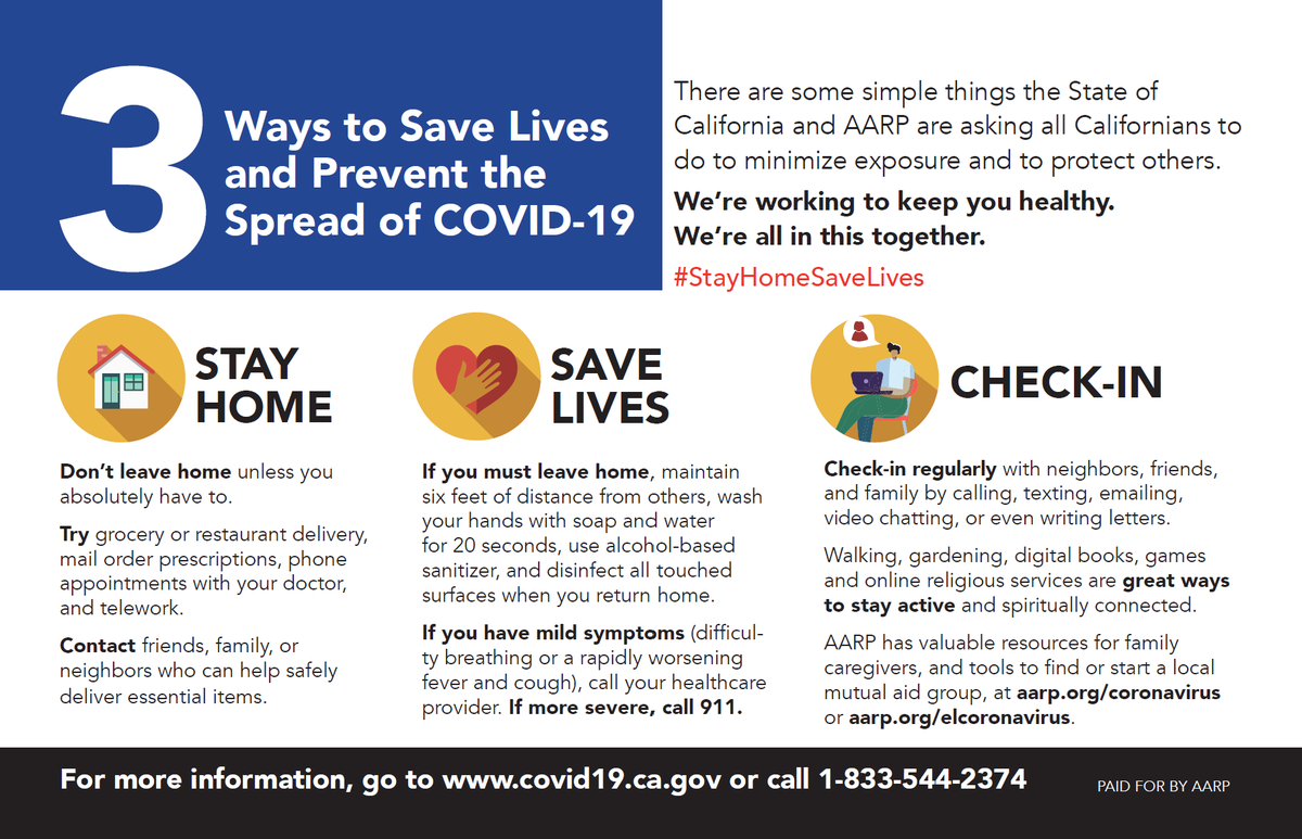 CalAging's tweet photo. By following these 3 steps #StayHomeSaveLivesCheckIn, together we reduce exposure and protect ourselves and others #CaliforniaForAll https://t.co/f5grRbE3Zm