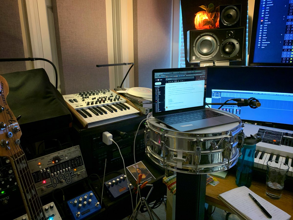 jgmusic's tweet image. A behind the scenes look at my setup for our livestream earlier and yes, that is a very appropriate prop used to elevate the laptop, given the “drum centric” focus of the first half of the chat! #workwithwhatyougot