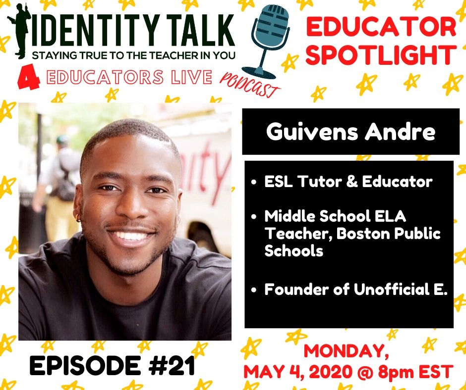 identityshaper's tweet photo. In next week's ep of #IDTALK4EDLIVE, we welcome @guivensandre to share about his early life in Haiti and his experiences as a young black male educator. Tune in to FB next Monday at 8pm EST on the Identity Talk Consulting, LLC. page!
#IdentityTalk #EducatorsInAction #UnofficialE https://t.co/DXVAzjRVYy